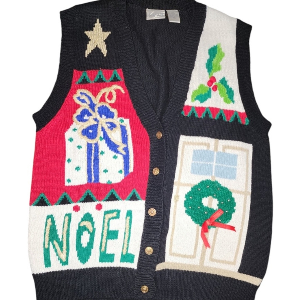 Vintage Christmas Sweater Vest Petite Medium 80s 90s Tacky Party Vneck Buttons